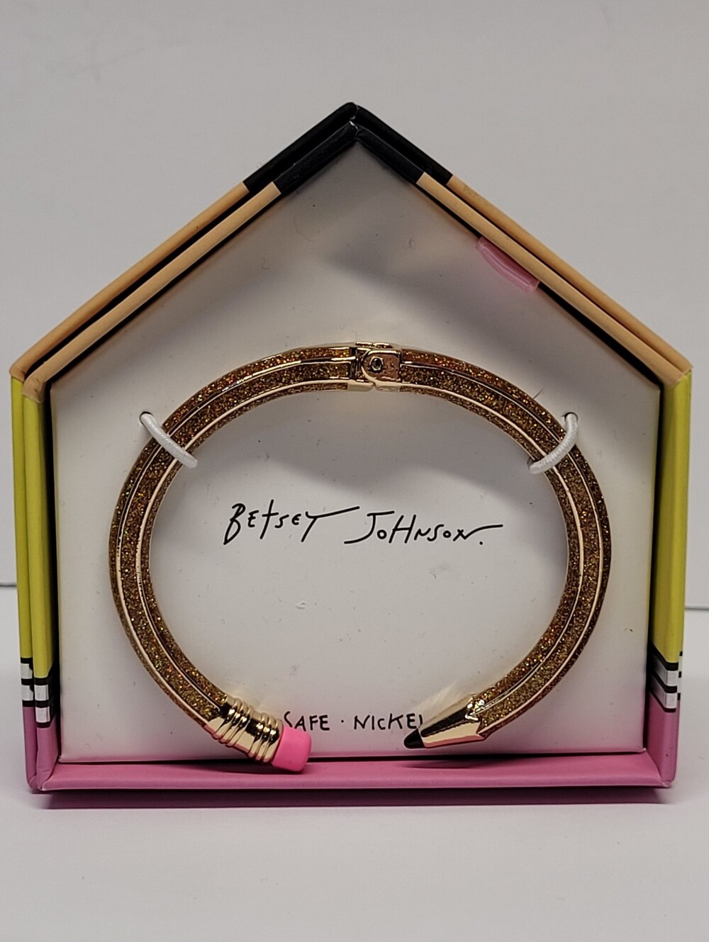 Betsey Johnson Gold Glitter Pencil Cuff Bracelet with Pink Accent